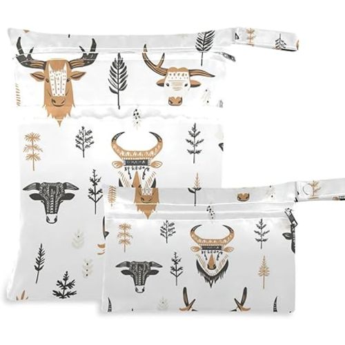 Boho Simple Style West Highlander Cow waterproof baby diaper bag 2 Pack wet bag for swimsuit with handles for pool, travel