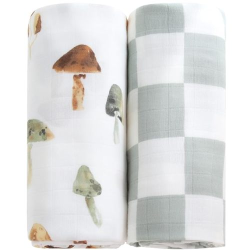 LifeTree Muslin Swaddle Blankets, Baby Neutral Swaddling Blanket for Boys Girls, Super Soft 70% Viscose from Bamboo and 30% Cotton, Large 47" x 47", Checkered & Mushroom, Newborn Baby Registry