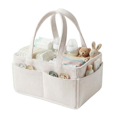 Felt Storage Caddy, Portable Corduroy Multi-Compartment Organizer Basket with Dividers, Foldable Large Capacity Bin for Diapers Wipes Toys, Sturdy Handle, Nursery Home Travel Essential, Beige