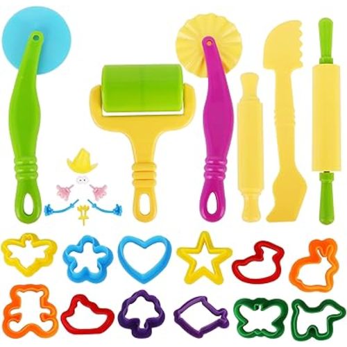 Play Modeling Clay Soft Putty Tools Set for Girls Boys - 25pc Craft Dough Accessories Kit with Animal Molds, Cutters, Rollers, Scissors - Creative Kids Toys Gift for Toddlers Ages 2 3 4 Year Old