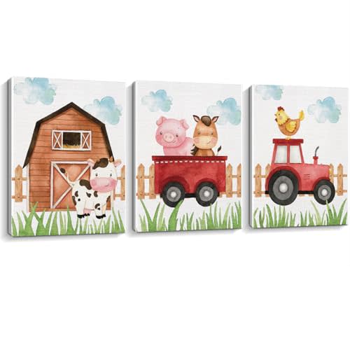 Watercolor Farmhouse Nursery Decor Canvas Wall Art Farm Cute Animal Chicken Cow Pig Wall Decor Artwork Poster Prints for Home Living Room Kids Boys Bedroom Classroom Decoration,3PCS,Framed,11.4x15IN