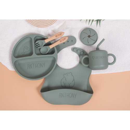 Personalized Silicone Baby Feeding Set 6-in-1, Custom Engraved Toddler Plate, Bib, Utensils, Sippy Cup & Snack Lid | Baby Shower Gift