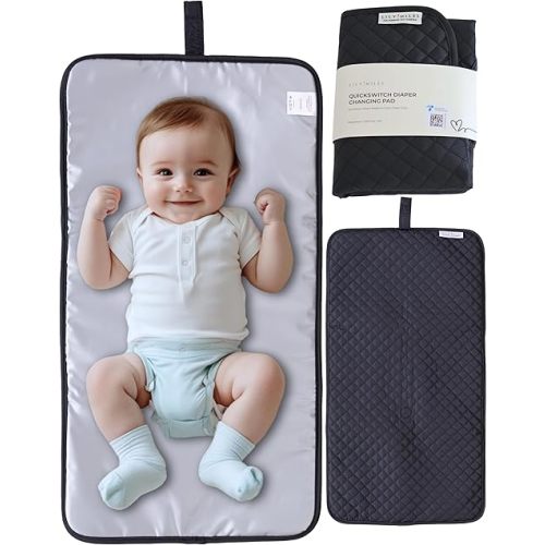 Diaper Changing Pad Portable with Magnetic Latches, Baby Diaper Changing Mat, Travel Pad for Diaper Bag, Baby Essentials, Wipeable & Waterproof Mat (Black Twill, Regular)