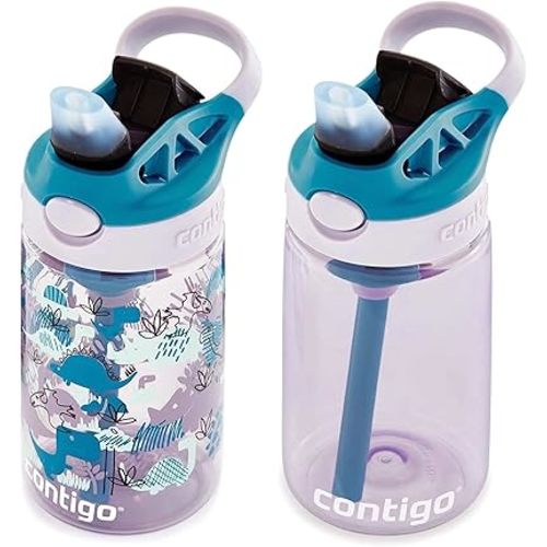Contigo Kids Straw Water Bottle with AUTOSPOUT Lid, 14oz., 2 Pack, Eggplant & Dinos