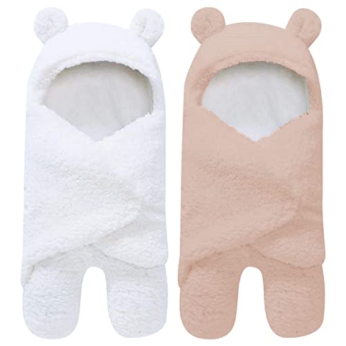 2 Pack Ultra Warm Sherpa Plush Baby Sleeping Swaddle Wrap - Newborn Essentials Must Haves for 0-6 Months - Baby Shower Registry Search Gifts for Boys Girls - Baby Stuff Accessories (Brown and White)