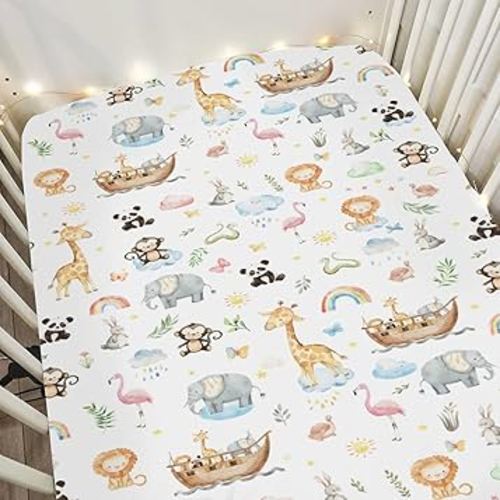 Cute Animals Ship Baby Crib Sheets for Boy Girl 28"x52" Lion Panda Giraffe Flamingo Rainbow Sun Leaves Soft Snug Fitted Crib Mattress Cover Wildlife Baby Sheet for Standard Crib & Toddler Bed Mattress