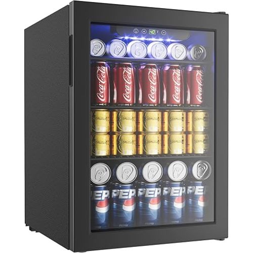 EUHOMY 100 Can Beverage Refrigerator cooler-Mini Fridge Glass Door for Beer Drinks Wines, Freestanding Beverage Fridge with Adjustable Shelves Blue LED for Home/Office/Dorm/Bar, 2.7 cu.ft