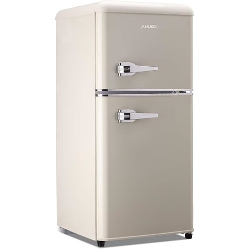 Anukis Mini Fridge with Freezer 3.2 Cu Ft 2 Door Compact Refrigerator for Apartment, Dorm, Office, Family, Basement, Garage - Retro Cream