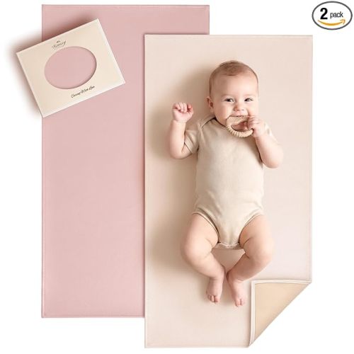 Konssy Faux Leather Baby Changing Mat, Waterproof, Wipeable & Portable Diaper Changing Pad for Travel or Home, Fits Perfectly in Diaper Bag, 30 x 17 inches (Blush,Beige)