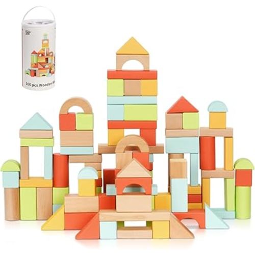 Pidoko Kids 100pcs Building Blocks for Toddlers 1-3, Wooden Blocks for Kids with Storage Bucket and Shape Sorter Lid Montessori Toys for 1 2 3 Year Old, Learning Toys for Preschool Girls and Boys