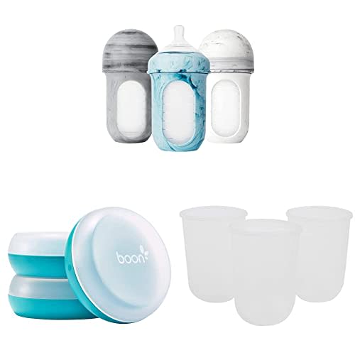Boon NURSH Reusable Silicone Baby Bottles & NURSH Storage Buns (Pack of 3), Blue-white,3 Count (Pack of 1) & NURSH Reusable Silicone Replacement Pouch, 3 Months and up, 8 Ounce (Pack of 3)