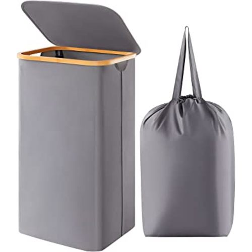 Lifewit 100L Basket with Lid, Clothes Hampers with Bamboo Handles and A Removable Bag, Large Foldable Hamper for Bedroom, Bathroom, Dorm, Laundry Room, Grey