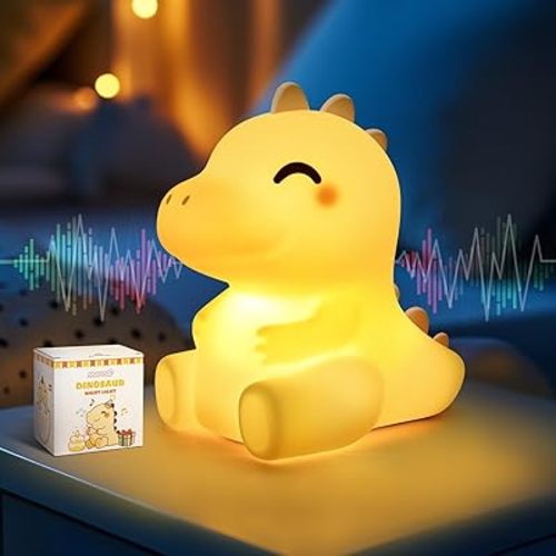 Huggwaii Squishy Dinosaur Night Light for Kids - Dimmable Silicone Dinosaur Lamp with 4 White Noise, Long Battery Life Rechargeable Lamp,Dinosaurs Toys Gifts for Boys,Nursery Baby Bedroom Decor