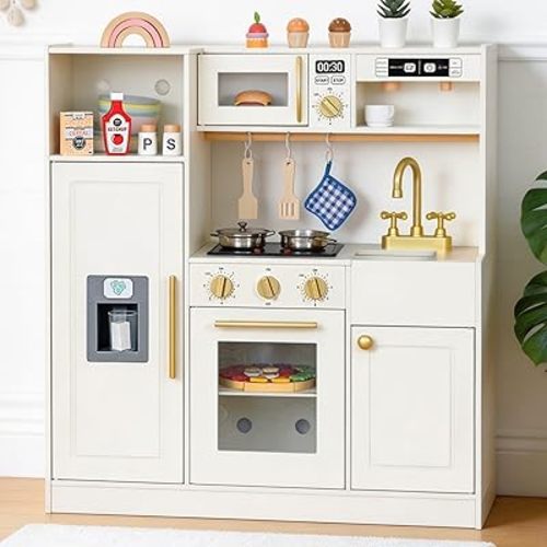 inFUNSAME Wooden Kids Play Kitchen with Lights and Sounds, 18 Accessories, Modern Design Kitchen Playset with Complete Play Areas,Gift for Girls & Boys(Ages 3+) (White)