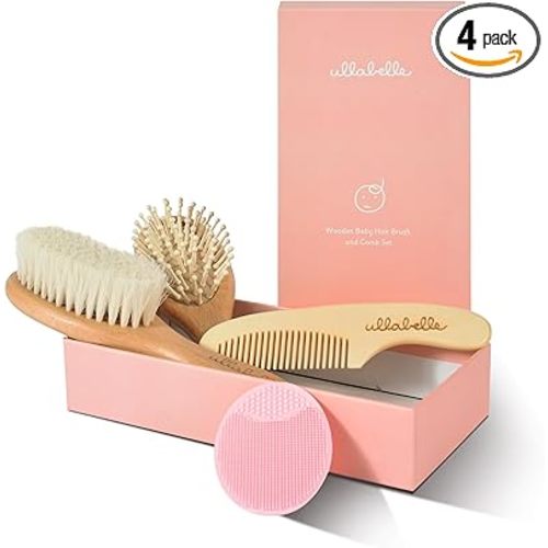 Ullabelle 4 Piece Wooden Baby Hair Brush and Comb Set for Newborns & Toddlers in Chic Gift Box - Ultra Soft Natural Goat Hair and Wood Baby Brush Set Prevents Cradle Cap - Perfect Registry Gift (Pink)