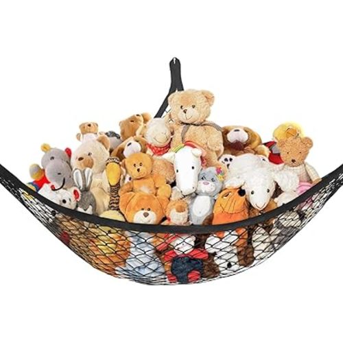 Stuffed Animal Net Hammock for Plushie Toys, Stuffed Animal Hammock Corner for Kids' Room Decor, Ideas for Organizing Stuffy Collection, Easy to hang with Anchors & Hooks, 1 Pack, Black