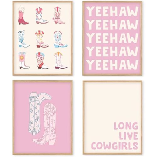 Boat Wades Pink Preppy Western Unframed Wall Art Prints,Cowgirl Room Decor Posters & Prints For Girls Room Dorm Decor,Pink Western Decor 8x10 Set Of 4