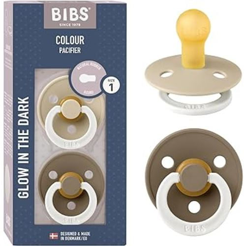 BIBS Pacifiers Colour Collection | Natural Rubber Baby Pacifier | Set of 2 BPA-Free Soothers | Made in Denmark | 0+ Months (Pack of 2) | Vanilla Night/Dark Oak Night