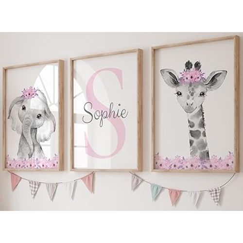 Safari Animals Girls Nursery Bedroom Unframed Set of 3 Poster Prints, Personalized Name Pink or Purple Flowers Wall Art Decor New Baby Gift Present, Elephant Giraffe Panda Zebra Lion (8x10)