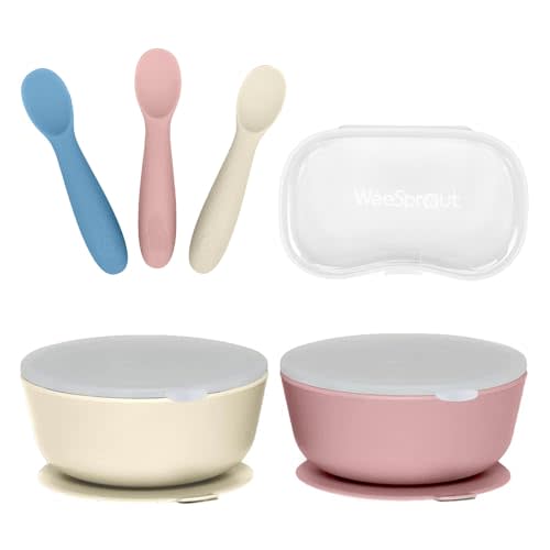 WeeSprout 2 Suction Bowls & 3 Baby Spoons with Travel Case Bundle - Silicone Baby Feeding Essentials - Leak-Proof Bowls with Lids - Soft Self-Feeding Spoons - Dishwasher Safe Toddler Dinnerware