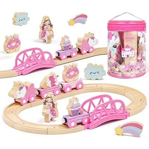 Lehoo Castle Wooden Train Set for Girls, Unicorn Train Set for Toddlers 2-4, Wooden Train Track with Storage Bag, Pink Train Fantasy Toys for 3 4 5 6 Year Old Girl Christmas Birthday Gifts