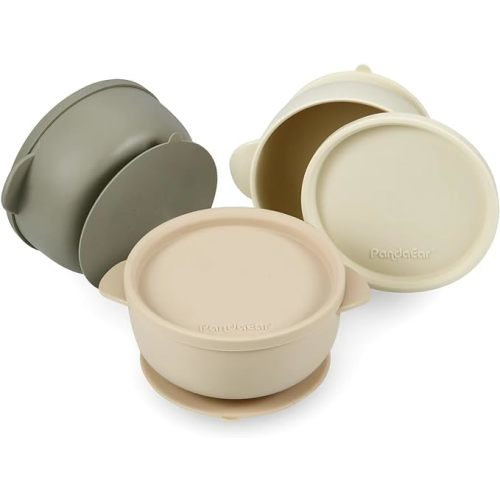 PandaEar 3 Pack Baby Bowls with Suction| Leak-Proof Stay Put Silicone Food Bowl with Lids for Babies Kids Toddlers Infants| Food Grade Soft Safe BPA-Free Silicone (Linen Brown Tan)
