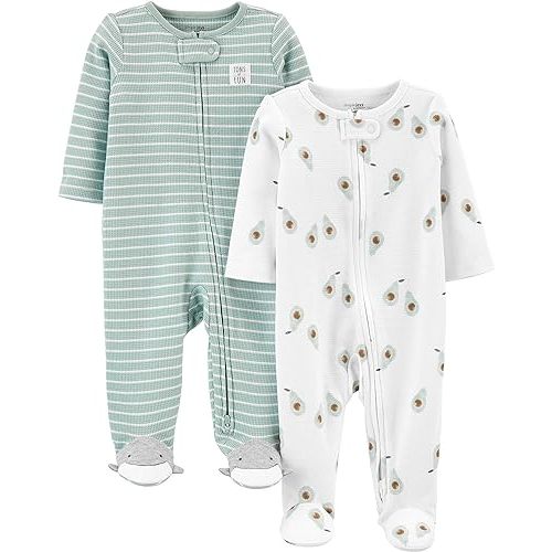 Simple Joys by Carter's Baby 2-Way Zip Thermal Footed Sleep and Play, Pack of 2 - 3-6 Months - Mint Green Stripe/White Avocados