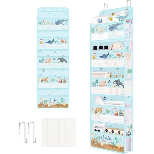 Clastyle Ocean Animals Over the Door Organizer Fish Nursery Hanging Storage Organizer for Kids Clothes Diaper Toy Closet Door Hanging Shelf Storage for Bedroom Bathroom Pantry, Turtle, 5-Tier