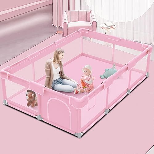 Pink Baby Playpen 74x50 Inches Playpen for Little Princess Play Yards Indoor & Outdoor Sturdy Safety Baby Girls Play Pen with Soft Breathable Mesh Toddlers Activity Center with Anti-Slip Base