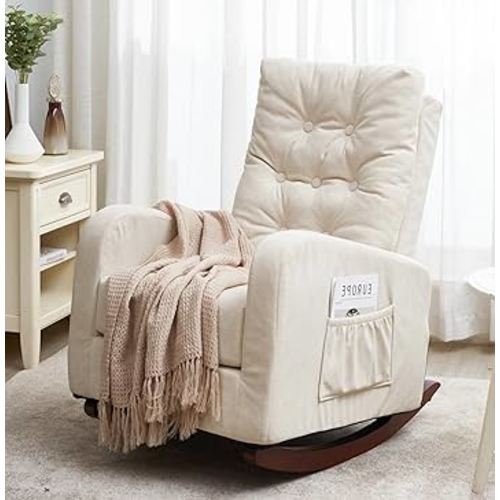 Nursery Rocking Chair, Oversized Dutch Velvet Upholstered Nursery Glider Rocker with Solid Wood Base and Side Pocket, Comfy High Back Armchair Single Sofa Chair for Living Room, Bedroom, Office, Beige
