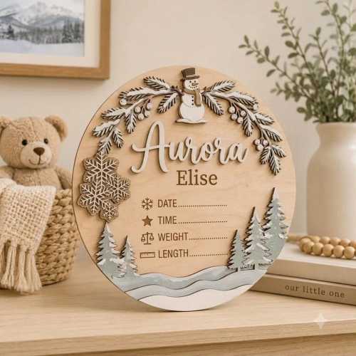 Personalized Winter Baby Birth Stats Sign, Snowman Nursery Name Sign, Snowflake Christmas Nursery Decor, Newborn Keepsake Gift