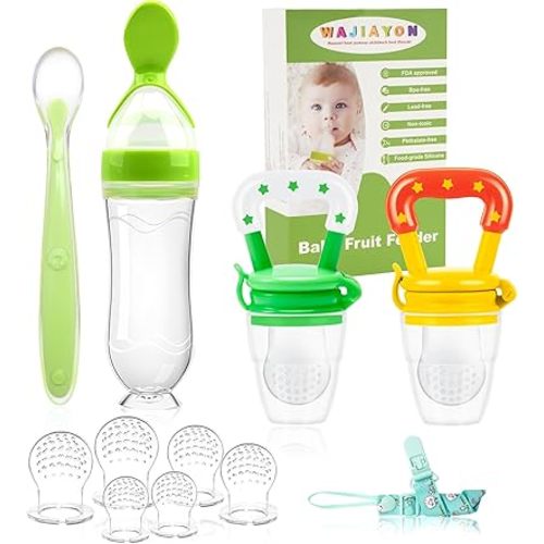 WAJIAYON Baby Fruit Feeder Pacifier - 5 Pack | 2 Baby Fruit Food Feeder Pacifier & 1 Baby Food Dispensing Spoon | Fresh Fruit Teethers for Babies | Silicone Feeder Baby,Mesh Baby Feeder (Green&Yellow)