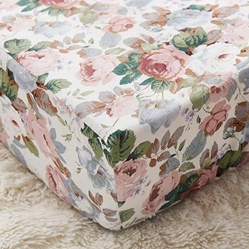 Brandream Fitted Crib Sheets for Girls 100% Organic Cotton French Country Rose Floral Toddler Sheets Nursery Bed Sheet- Blush Pink Peach White Shabby Vintage Flowers