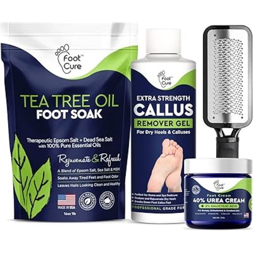 Foot Cure Foot Care/ Exfoliator & Callus Remover Pedicure Set – Includes Foot File for Dead Skin, Tea Tree Oil Foot Soak Salts, Urea Cream 40 Percent & Foot Callus Removal Gel – Made in USA