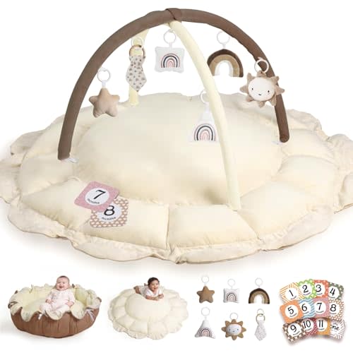 HAM-MM 5-in-1 Convertible Baby Play Gym with 6 Toys, Tummy Time Mat for Sensory Development, Baby Activity Center for Newborn & Toddler, Ball Pit, Cat & Dog Bed, Soft Pet Bed, No Ball Included Brown