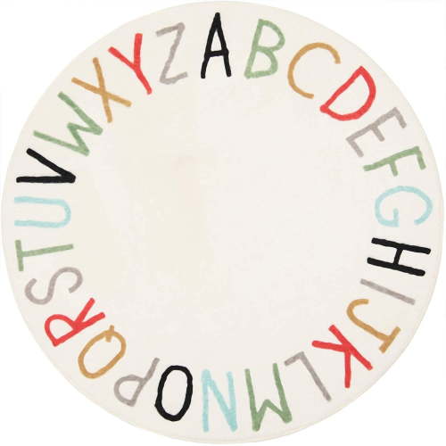 MeyJey 6' Round Area Rug for Living Room, Machine Washable Rugs Non Slip Shaggy Alphabet Indoor Kids Rug Play Mat for Bedroom Dinning Room Kids Room, Beige