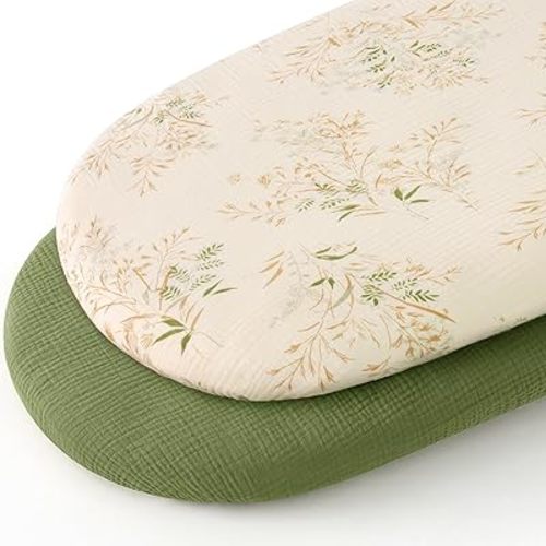 Muslin Bassinet Sheets 100% Cotton Neutral Baby Bassinet Cover for Boys Girls Unniversal Fitted for Rectangle Oval Hourglass Mattress/Pad 2 Pack Green