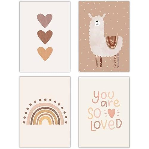 Canssape Boho Nursery Decor Set of 4 (Unframed) 8in x 10in Canvas Wall Art Lovely Alpaca Safari Decorations for Baby Room Nursery Wall Decor with Rainbow and Cactus Creative Alphabet Chat (Love)