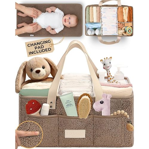 Baby Diaper Caddy Organizer with Portable Changing Mat - Teddy Fleece Diaper Organizer for Changing Table - Basket for Changing Essentials - Baby Essentials Organizer with Removable Dividers