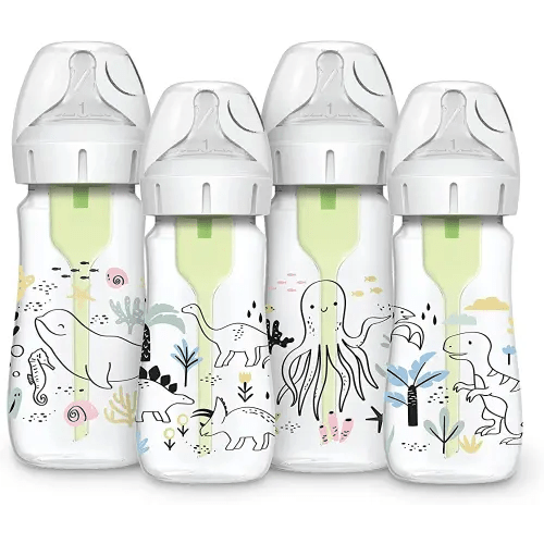 Dr. Brown’s Natural Flow® Anti-Colic Options+™ Wide-Neck Baby Bottle Designer Edition Bottles, Dinosaur and Ocean Design, 9 oz/270 mL, Level 1 Nipple, 4-Pack, 0m+