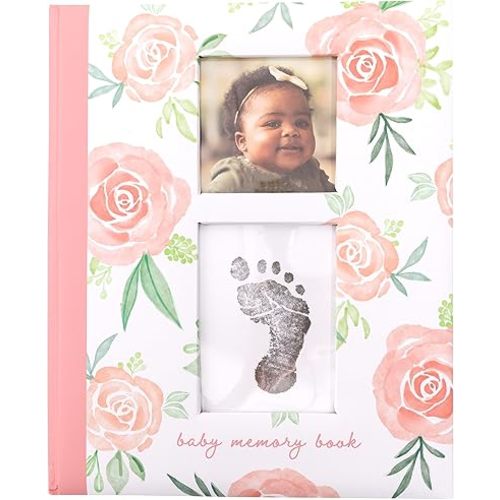 Floral Baby Memory Book, First 5 Years Baby Milestone Book, Pregnancy Journal, Gender Neutral Newborn Keepsake, Ink Pad For Baby's Handprint or Footprint, Pink Rose