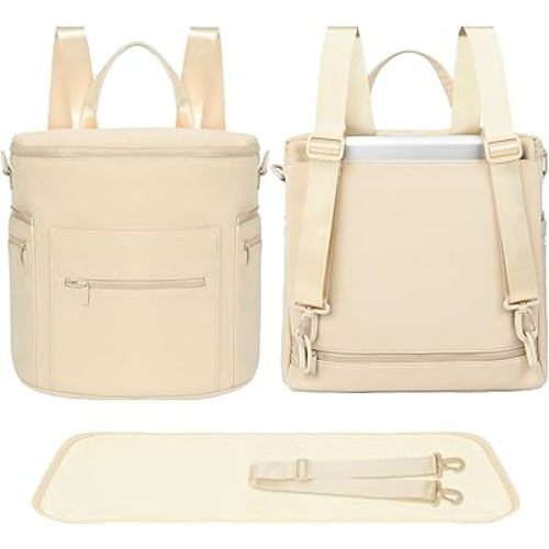 miss fong Neoprene Diaper Bag - Baby Diaper Bag,Large Capacity Neoprene Backpack with Changing Pad Travel Diaper Backpack Tote Backpack with 16 Pockets for Mom & Dad-Beige