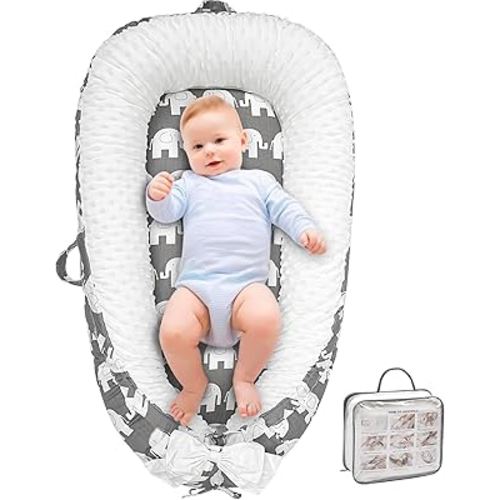 Baby Lounger, Ultra Soft 100% Cotton & Breathable Fiberfill Newborn Lounger, Portable Adjustable Infant Floor Seat for Travel, Newborn Must Have Essentials Baby Registry Search(Elephant)
