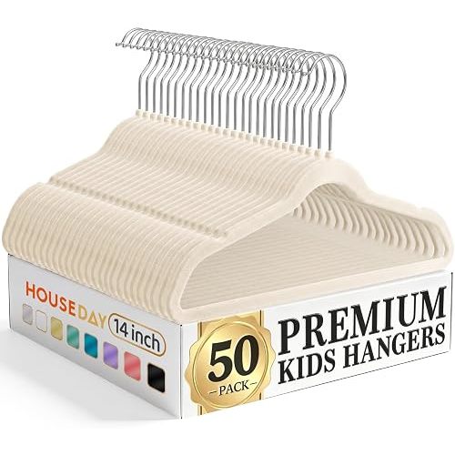 HOUSE DAY 14 Inch Kids Velvet Hangers 50 Pack, Durable Big Kid Hanger Beige