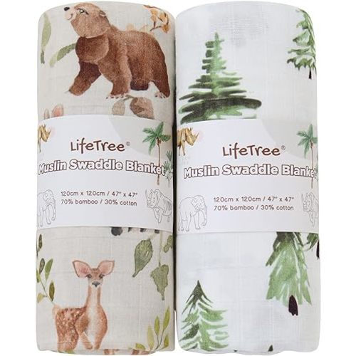 LifeTree Muslin Swaddle Blankets Neutral, Woodland Baby Swaddling Wrap Nursery Receiving Blanket for Boys & Girls Unisex, Soft 70% Viscose from Bamboo and 30% Cotton, Large 47 x 47 inches
