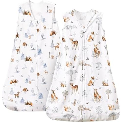 PHF 100% Cotton Baby Sleep Sack, 2-Way Zipper Baby Wearable Blanket, 6-12 Months TOG 0.5 Toddler Sleeping Sack, 2 Pack Sleeveless Soft Sleeping Bags for Baby Boys Girls, Medium, Woodland