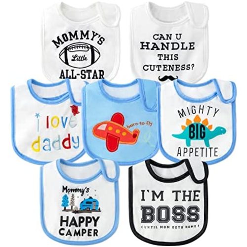 7Pcs Cotton Waterproof Baby Bibs Hook Loop Closure Newborn Babies Bib Keepsake Baby Gift for Drooling Feeding Eating
