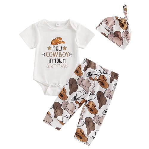 SAYOO Western Newborn Baby Boys Cowboy Outfits Cow Print Letter Bodysuit+Long Leggings+Cap 3pcs Infant Boy Country Clothes (Brown 4, 0-3 Months)