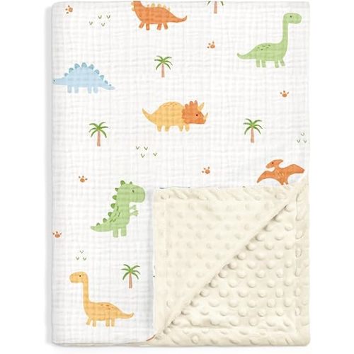 Dinosaur Baby Blankets for Boys, Soft Nursery Minky Blankets with Muslin and Dotted Fleece Back 30x40 inches, Receiving Bed Quilt for Newborn, Infants, Toddlers