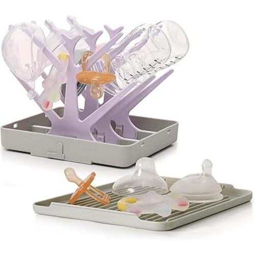 haakaa Portable Baby Bottle Drying Rack with Tray, Space Saving Bottle Drying Tree for Bottles/Pump Parts/Pacifiers,Easy-Store Dryer Rack Great for Home & Travel, BPA Free (Lavender)